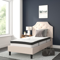 Flash Furniture SL-BM10-1-GG Brighton Twin Size Tufted Upholstered Platform Bed in Beige Fabric with 10 Inch CertiPUR-US Certified Pocket Spring Mattress